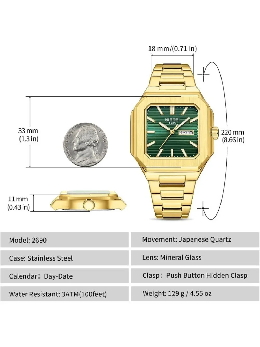 Men's Gold Green Square Analog Quartz Stainless Steel Waterproof Wrist Watch